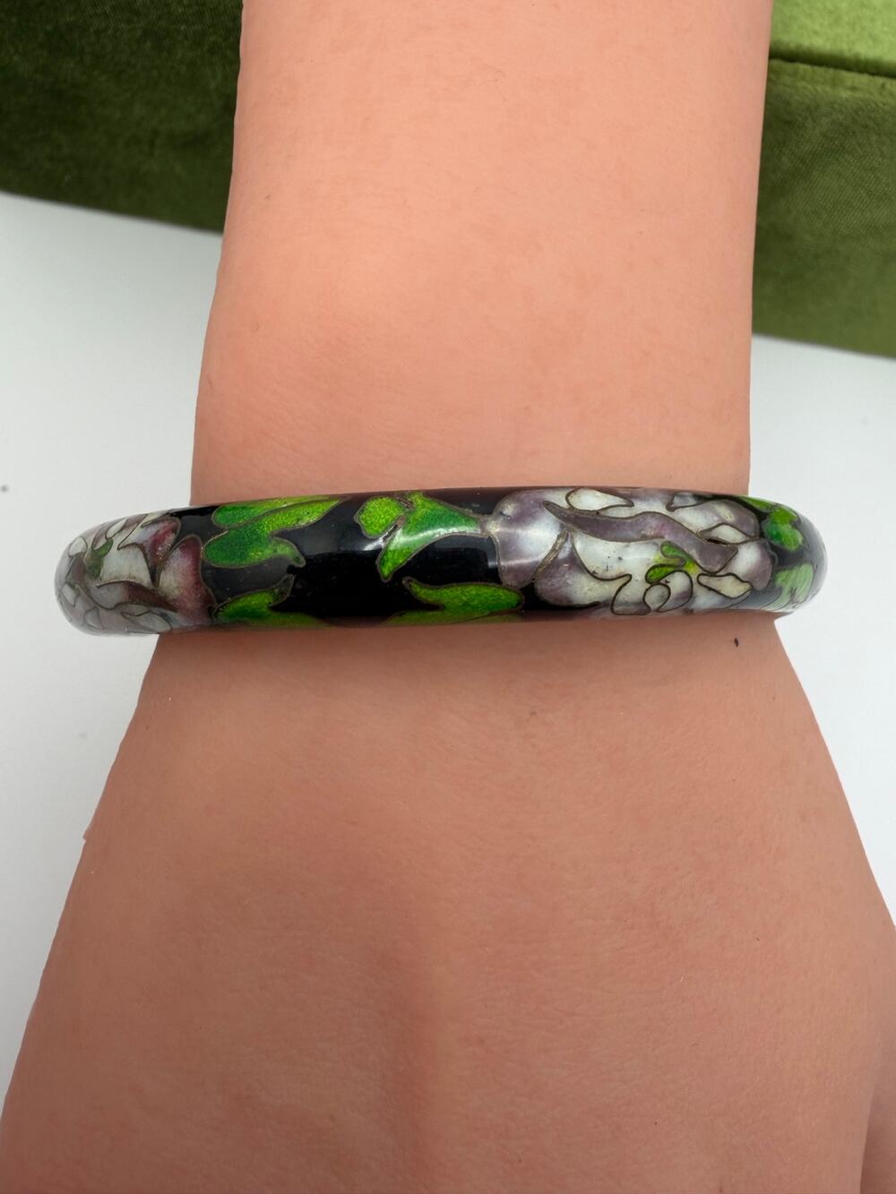 Vtg Chinese Cloisonne Bangle Bracelet Floral Chrysanthemum Leaf Enamel Hinged
